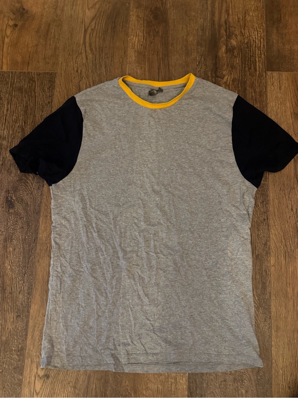 ASOS Short Sleeve Ringer Tee in Gray with Navy Sleeves and Yellow Neck